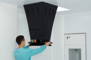 Technician using an air flow hood to measure HVAC system airflow from a ceiling vent in a clean, white indoor environment.