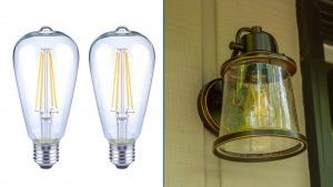 Eco Smart's Antique Edison LED Bulb, as seen in a product photo, at left, and inside an exterior light fixture, at right.