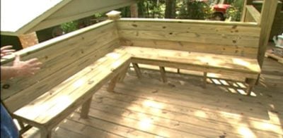 Finished built-in bench corner seat on deck