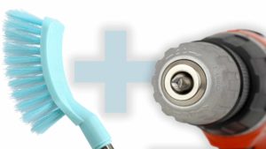 Scrub brush and power drill with a plus sign in between