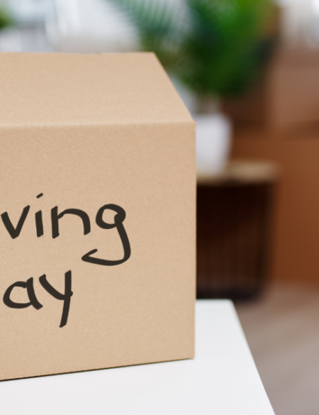 A moving day box in a residential home on a table